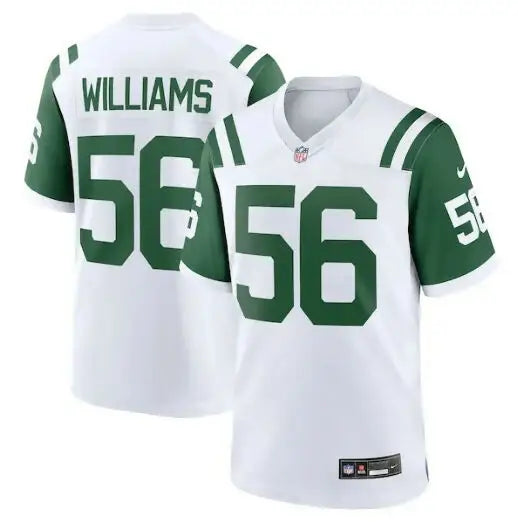 White and green Quincy Williams New York Jets Nike game jersey with number 56 and name on back