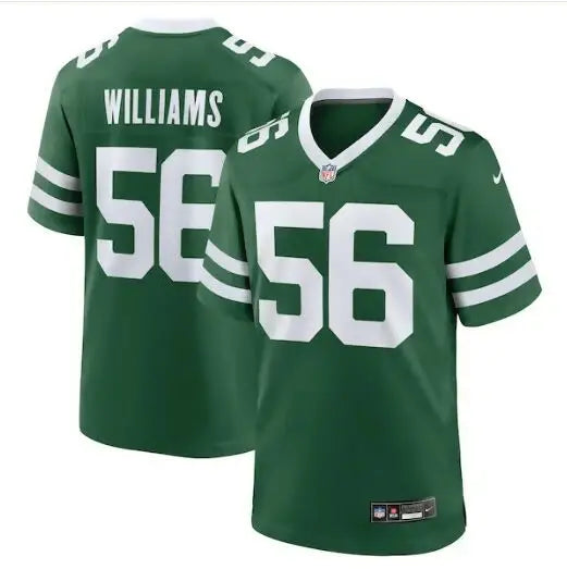 Green York Jets Nike Quincy Williams game jersey with white stripes and numbers