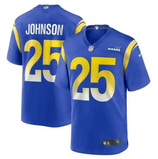 Blue Los Angeles Rams football jersey with number 25 and Johnson on the back