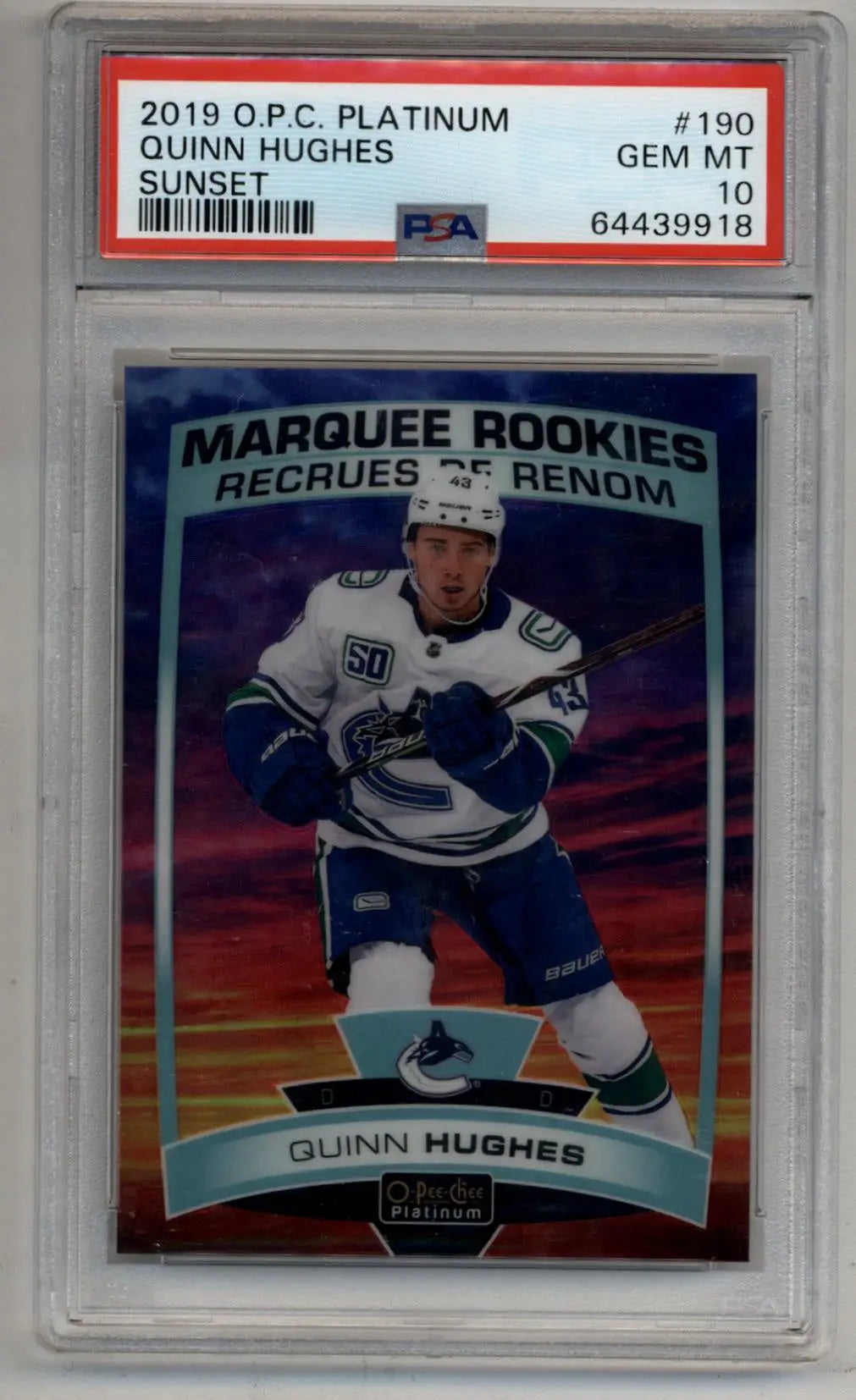 Graded 2019 O.P.C. Platinum Sunset Quinn Hughes rookie hockey card PSA 10 Gem Mint