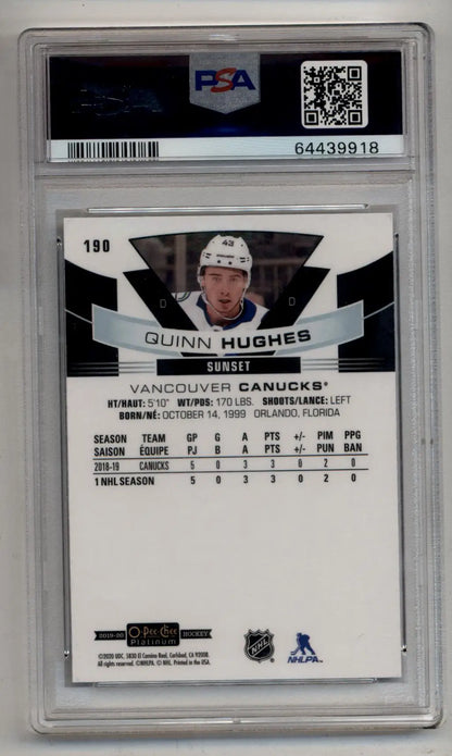 Graded Quinn Hughes hockey trading card from Platinum Sunset PSA 10 Gem Mint
