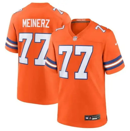 Orange Denver Broncos football jersey with number 77 and blue and white striped sleeves