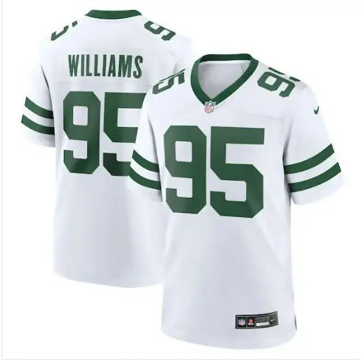 White and green Quinnen Williams Jets Nike Legacy Player Game Jersey with number 95