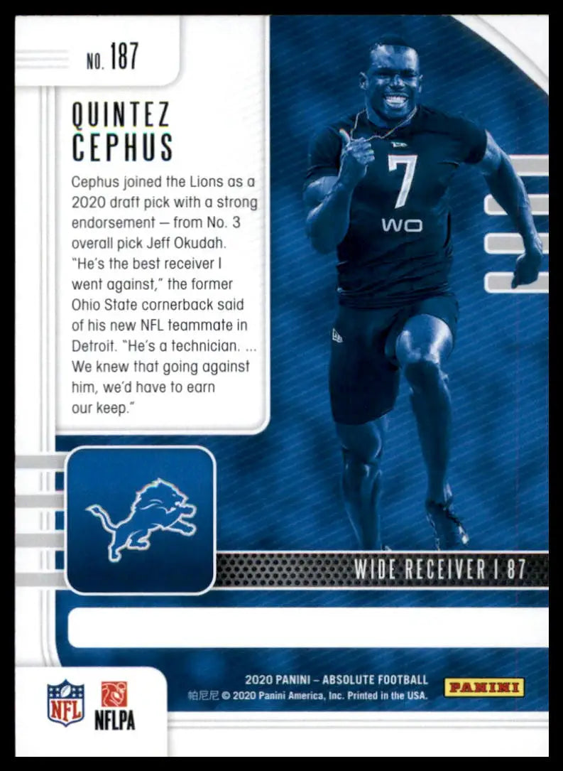 2020 Panini Absolute Football trading card of Quintez Cephus Detroit Lions rookie