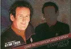 Trading card of a man in red uniform from Starfleets Finest Chase Card series