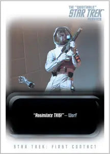 Spacesuit-clad figure with futuristic weapon in defensive stance on Promo Card