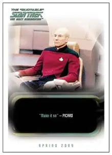 Starfleet officer in red uniform on command chair featured in Star Trek promo card