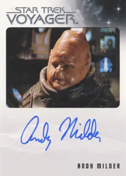 Autographed trading card of Andy Milder as a bald alien from Star Trek Voyager