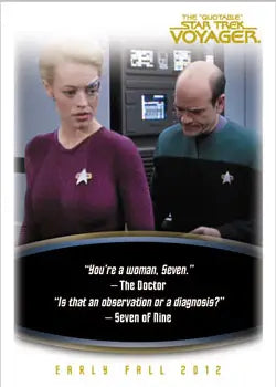 Promo card featuring Star Trek: Voyager characters with a quote overlay on trading cards