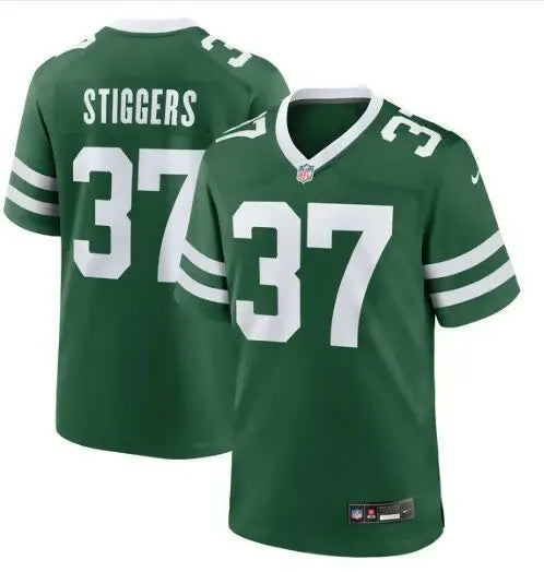 Green and white Qwan’tez Stiggers New York Jets Nike jersey with number 37