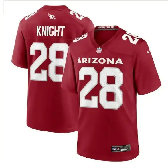 Two red Arizona Cardinals Nike Game Jerseys with 28 and Knight on the back