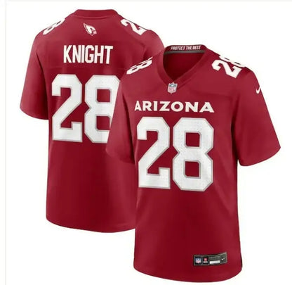 Two red Arizona Cardinals Nike Game Jerseys with 28 and Knight on the back
