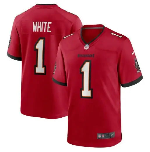 Red NFL football jersey with number 1 and WHITE on the back, featuring Rachaad White Tampa Bay Buccaneers Nike Throwback design