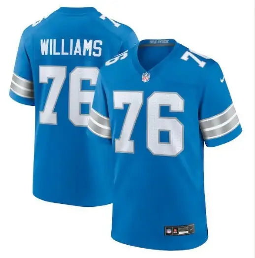 Blue Detroit Lions Nike Raequan Williams football jersey with white numbers and name