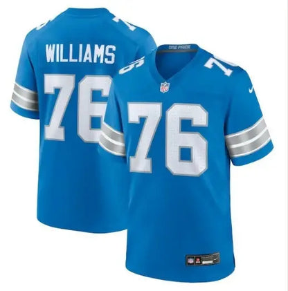 Blue Detroit Lions Nike Raequan Williams football jersey with white numbers and name