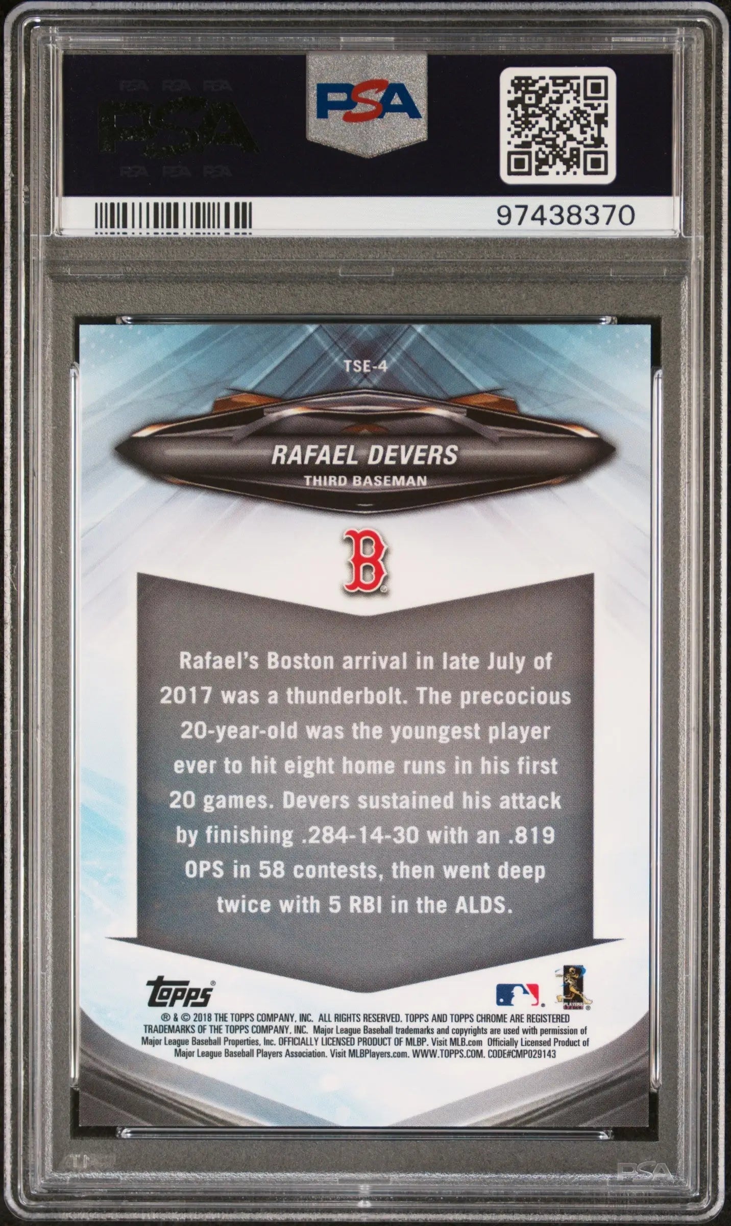 Graded Rafael Devers baseball card from Topps Complete Set in PSA 10 Gem Mint condition