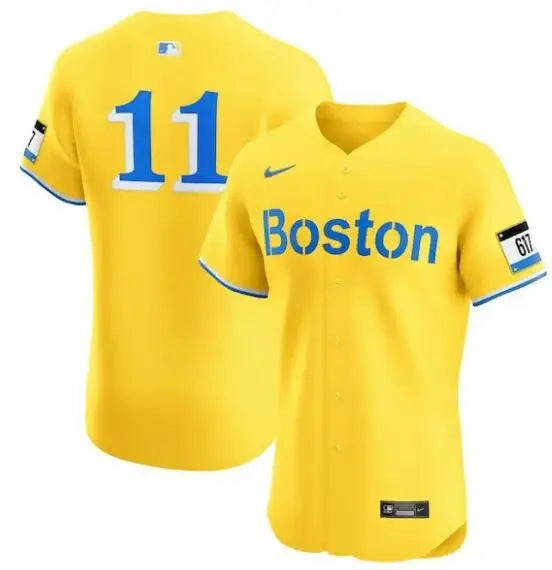 Yellow Boston Red Sox Rafael Devers Nike City Connect Elite Jersey displayed