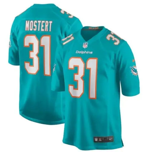 Teal Miami Dolphins NFL jersey with number 31 and MOSTERT on the back