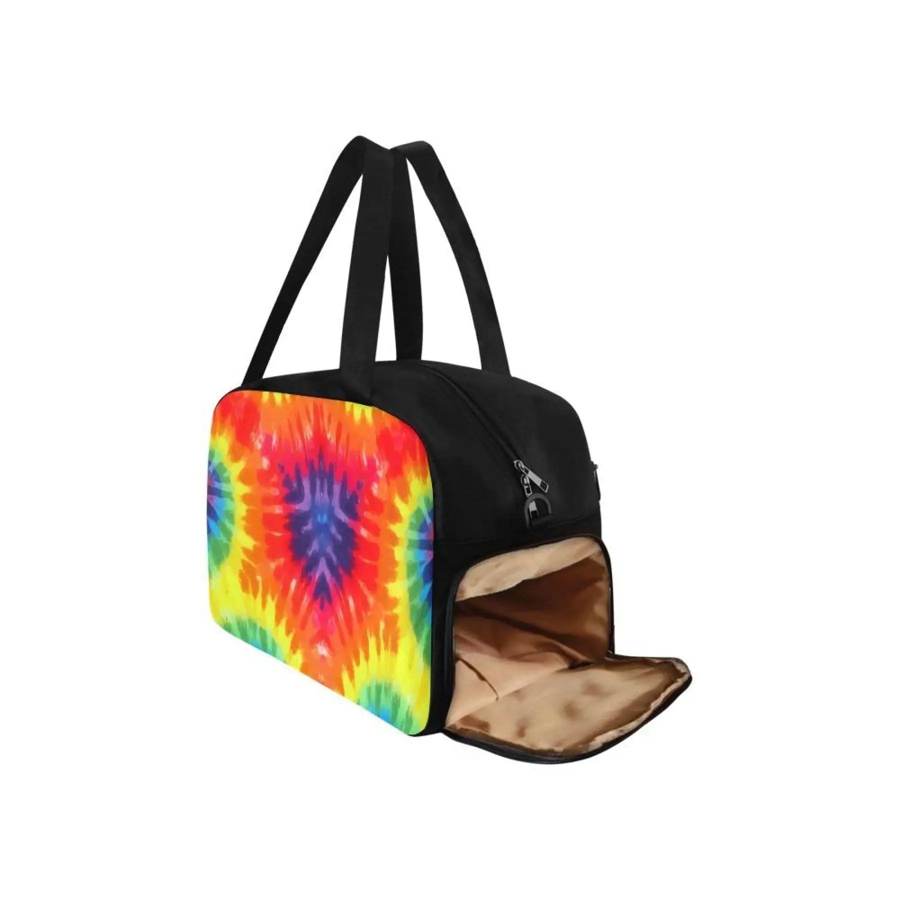 Black duffel bag with rainbow tie dye pattern, sturdy portable handle, and adjustable shoulder strap