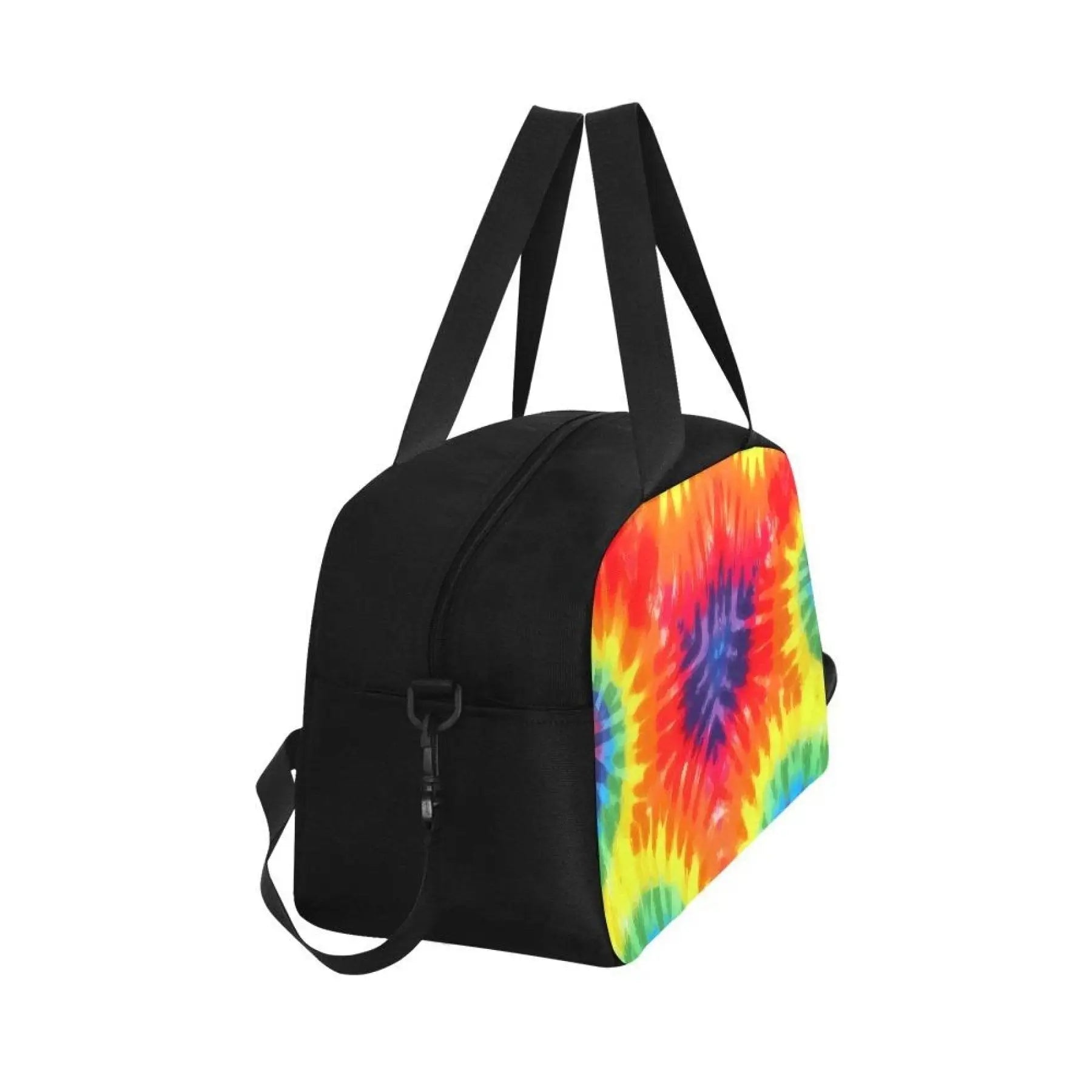 Black duffel bag with rainbow tie dye pattern, sturdy portable handle, and adjustable shoulder strap