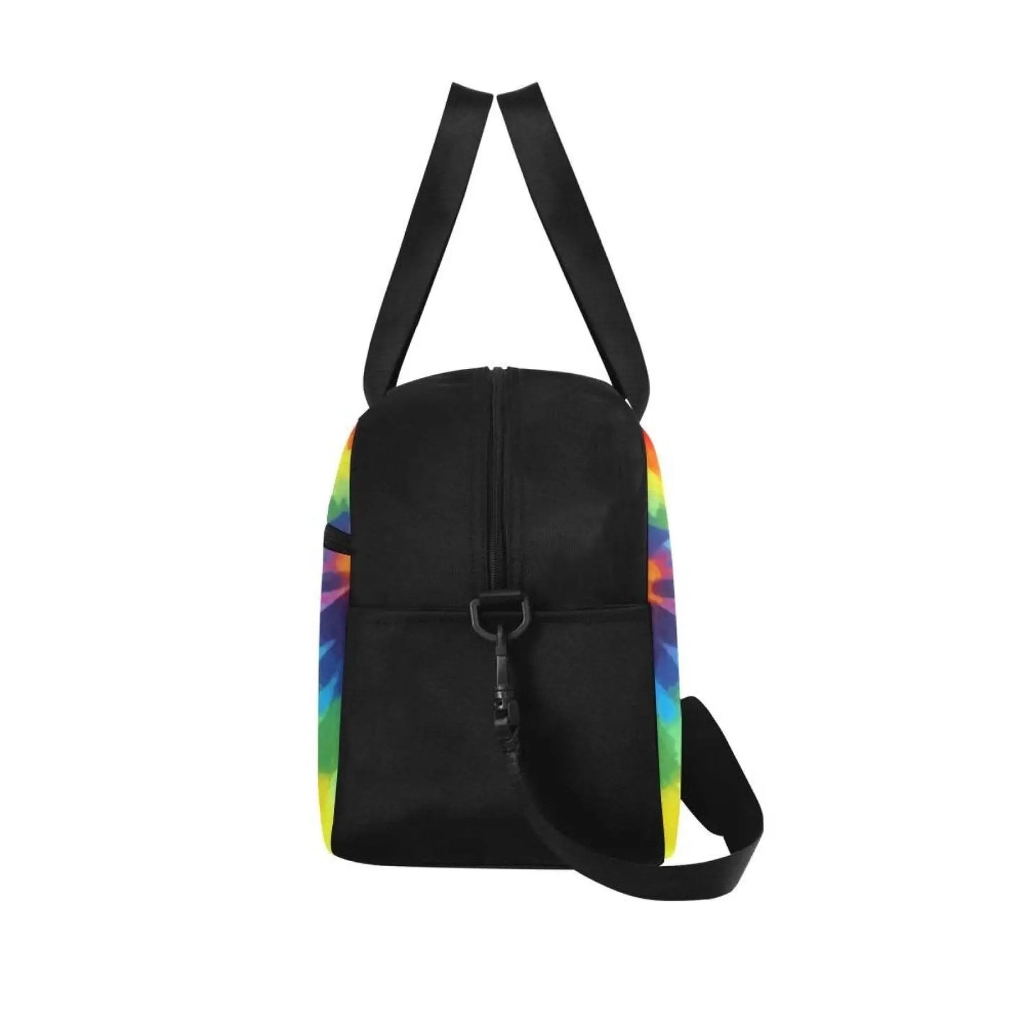 Black duffel bag with rainbow tie dye sides, sturdy portable handle, and adjustable shoulder strap