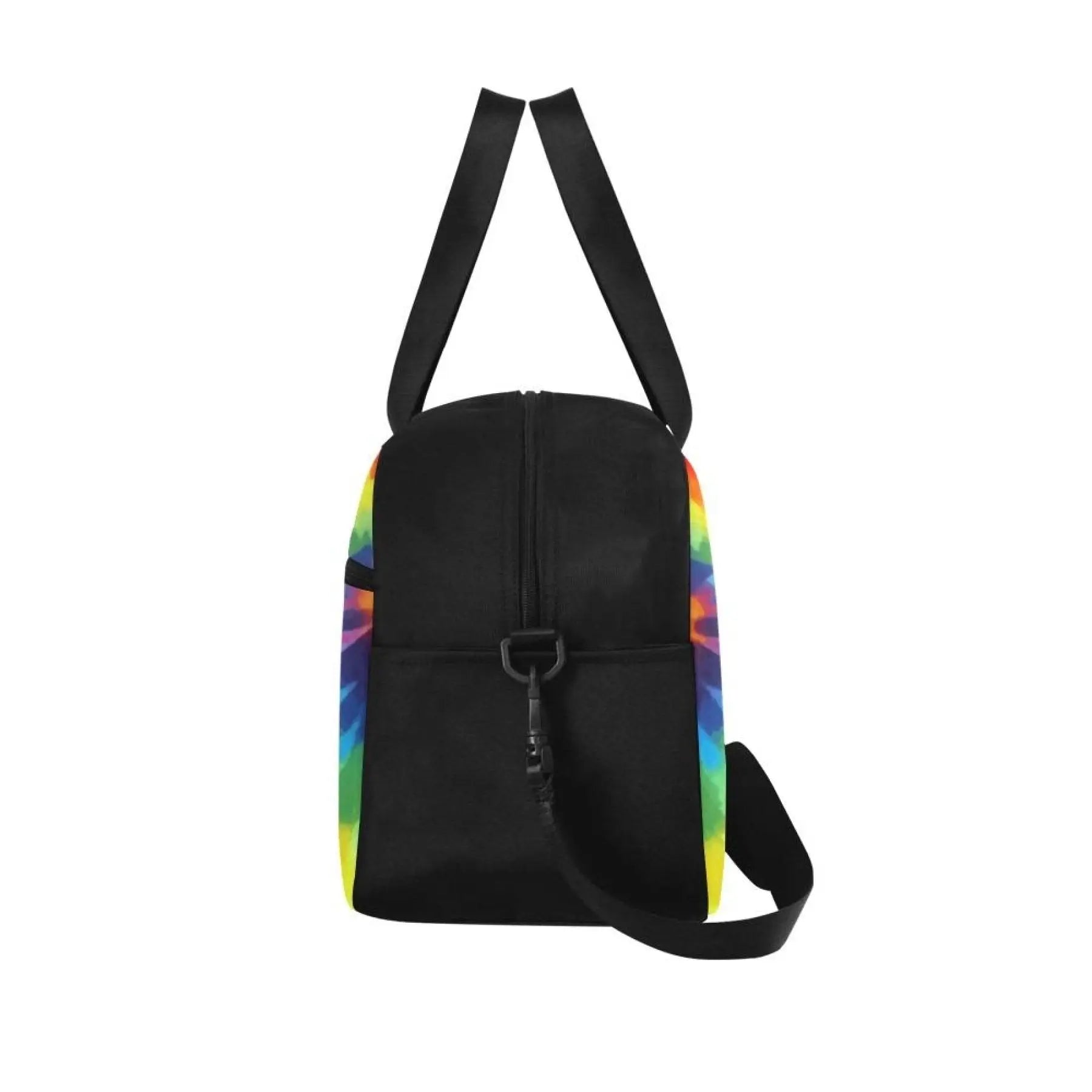 Black duffel bag with rainbow tie dye sides, sturdy portable handle, and adjustable shoulder strap