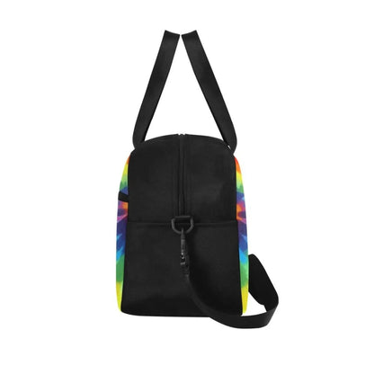 Black duffel bag with rainbow tie dye sides, sturdy portable handle, and adjustable shoulder strap