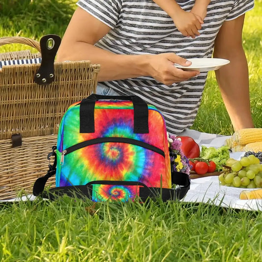 Vibrant Rainbow Tie Dye Style Travel Bag with insulated interior and sturdy portable handle