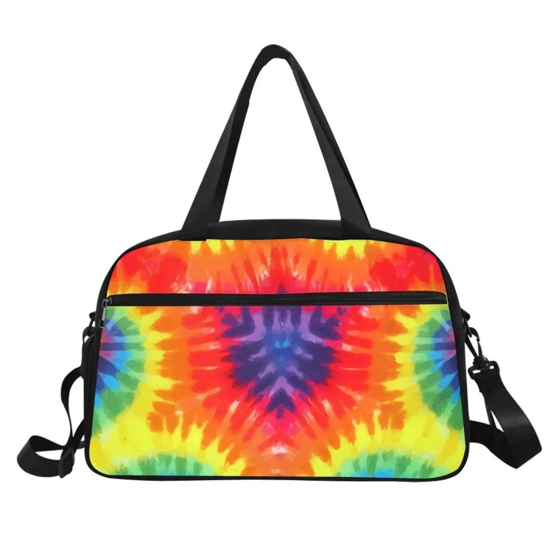 Rainbow tie dye style travel bag with sturdy portable handle and adjustable shoulder strap