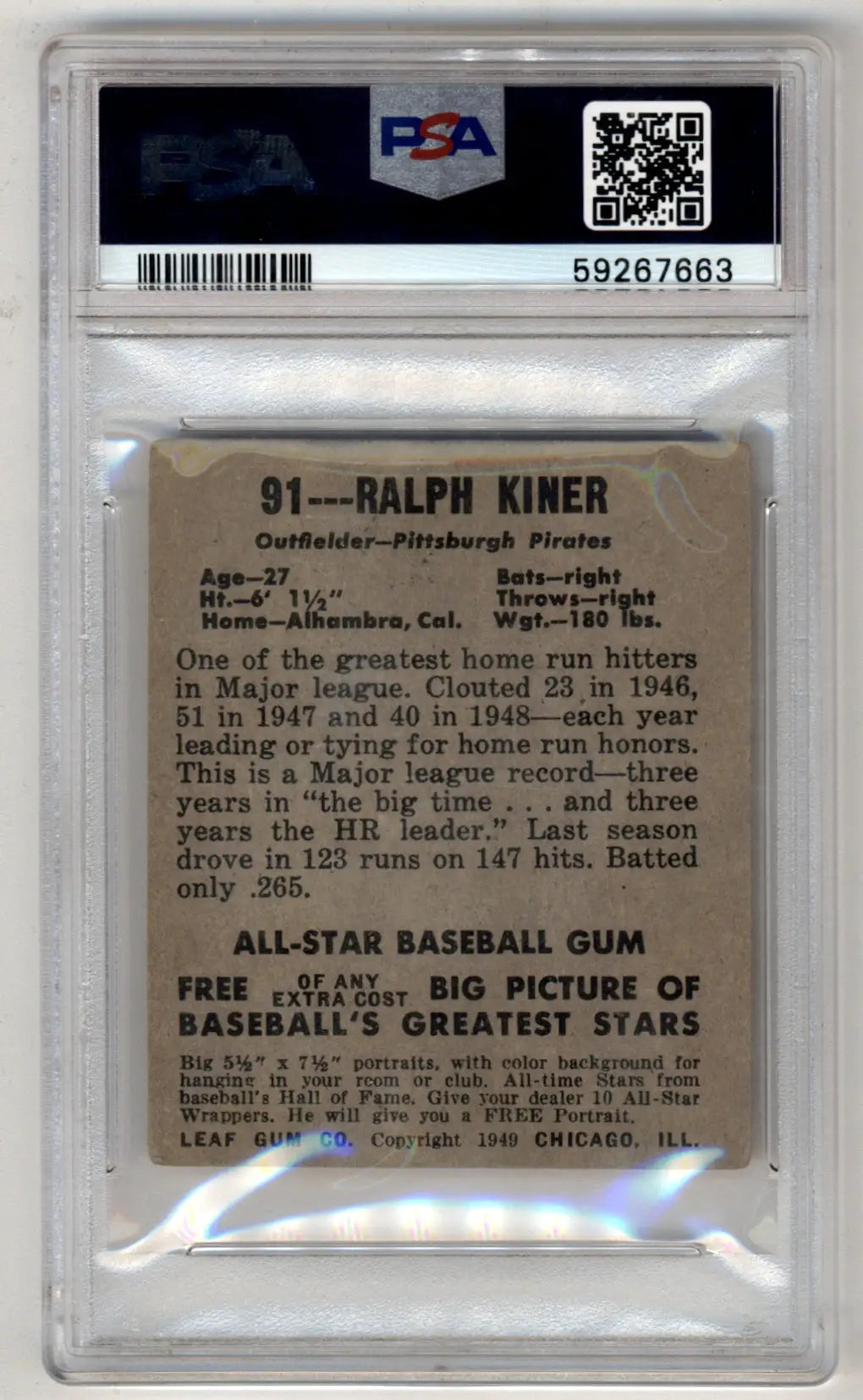 Graded 1949 Leaf Ralph Kiner baseball card in PSA 3 Very Good condition