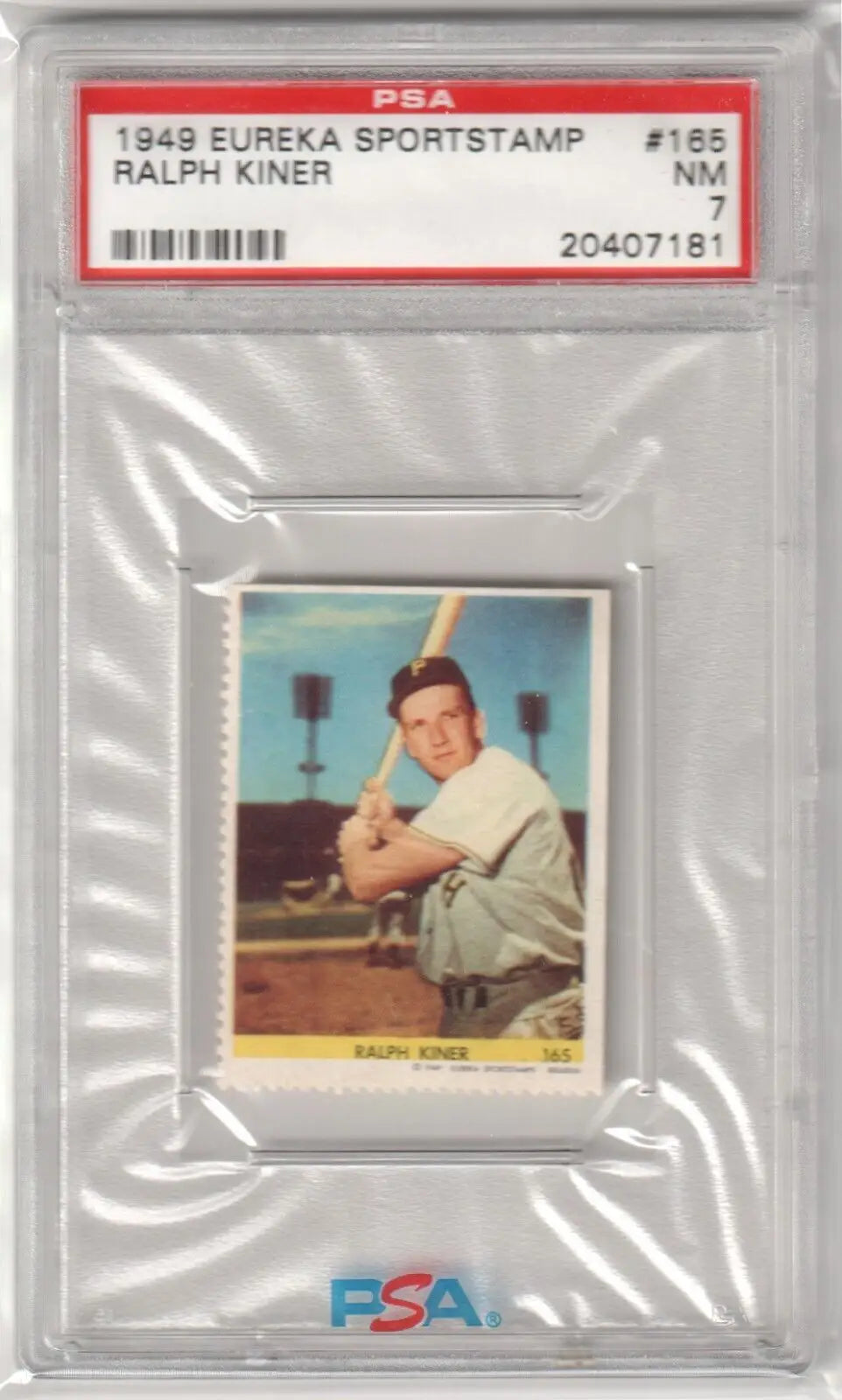 Graded Ralph Kiner 1949 Eureka Sportstamp baseball card in PSA 7 NM condition