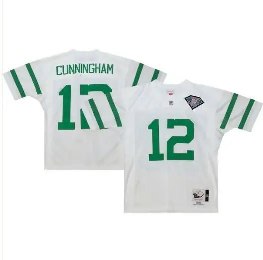 White Philadelphia Eagles Jersey with green stripes and number 12, Randall Cunningham 1994 throwback