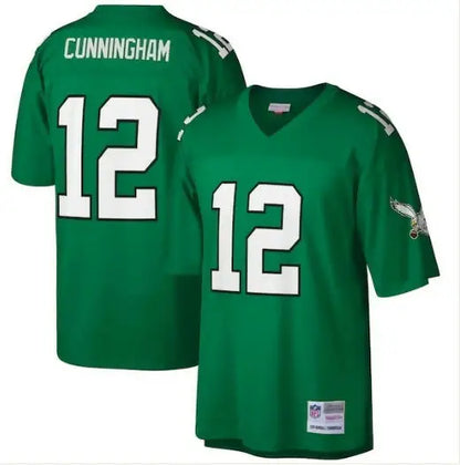 Two green Philadelphia Eagles jerseys with number 12 and Cunningham on the back