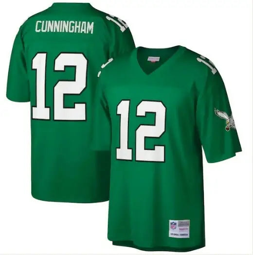 Two green Philadelphia Eagles jerseys with number 12 and Cunningham on the back