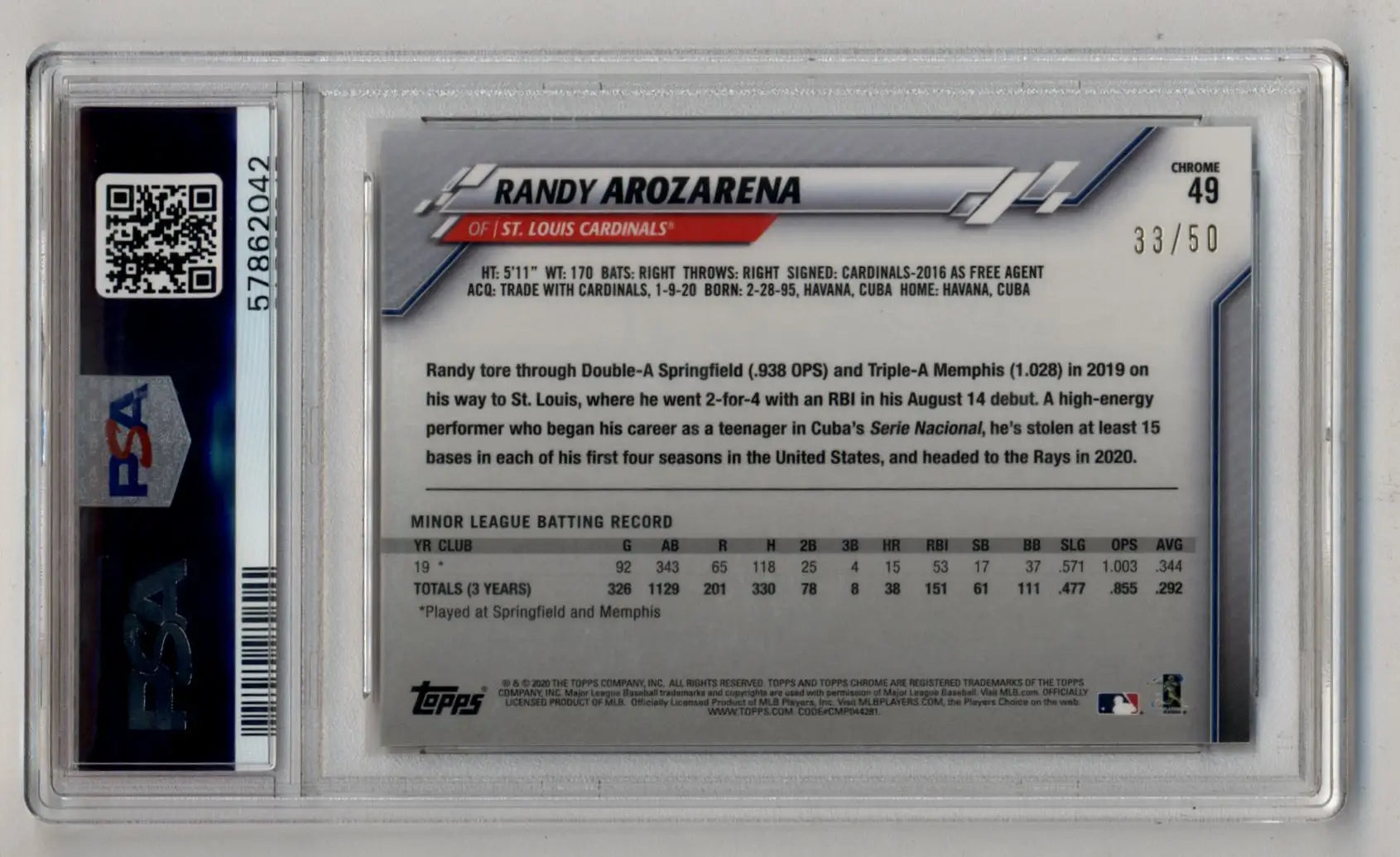 Graded Randy Arozarena baseball card featuring Ben Baller Chrome Gold Refractor PSA 10