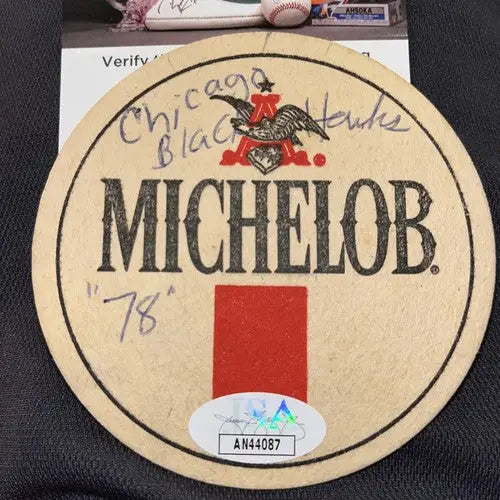 Signed Michelob beer coaster featuring Chicago Blackhawks and Randy Holt autograph