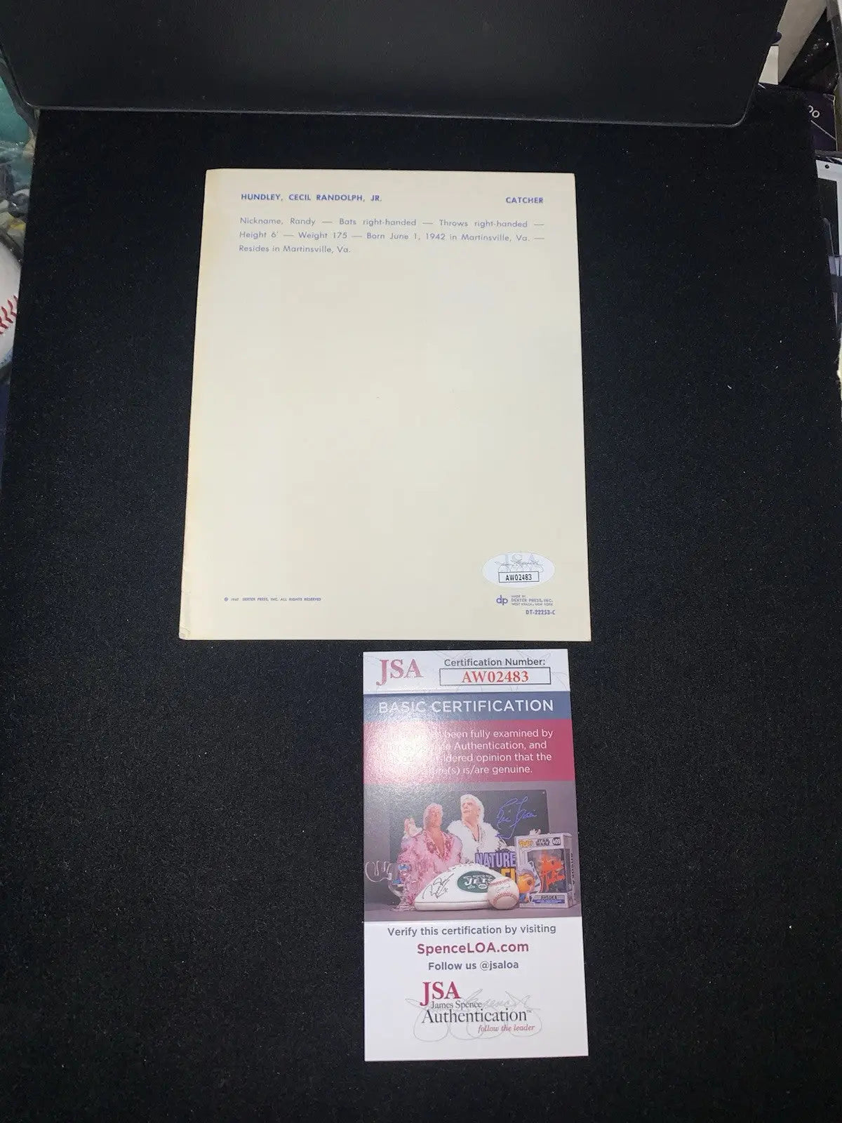 Autographed Randy Hundley document with JSA authentication for Chicago Cubs Team Dexter Press