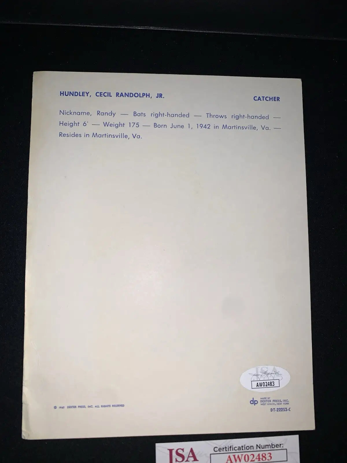 Baseball player information sheet for Randy Hundley, Chicago Cubs team, Dexter Press