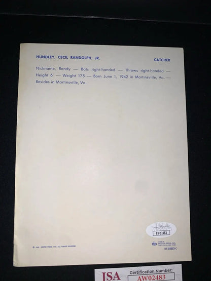 Baseball player information sheet for Randy Hundley, Chicago Cubs team, Dexter Press