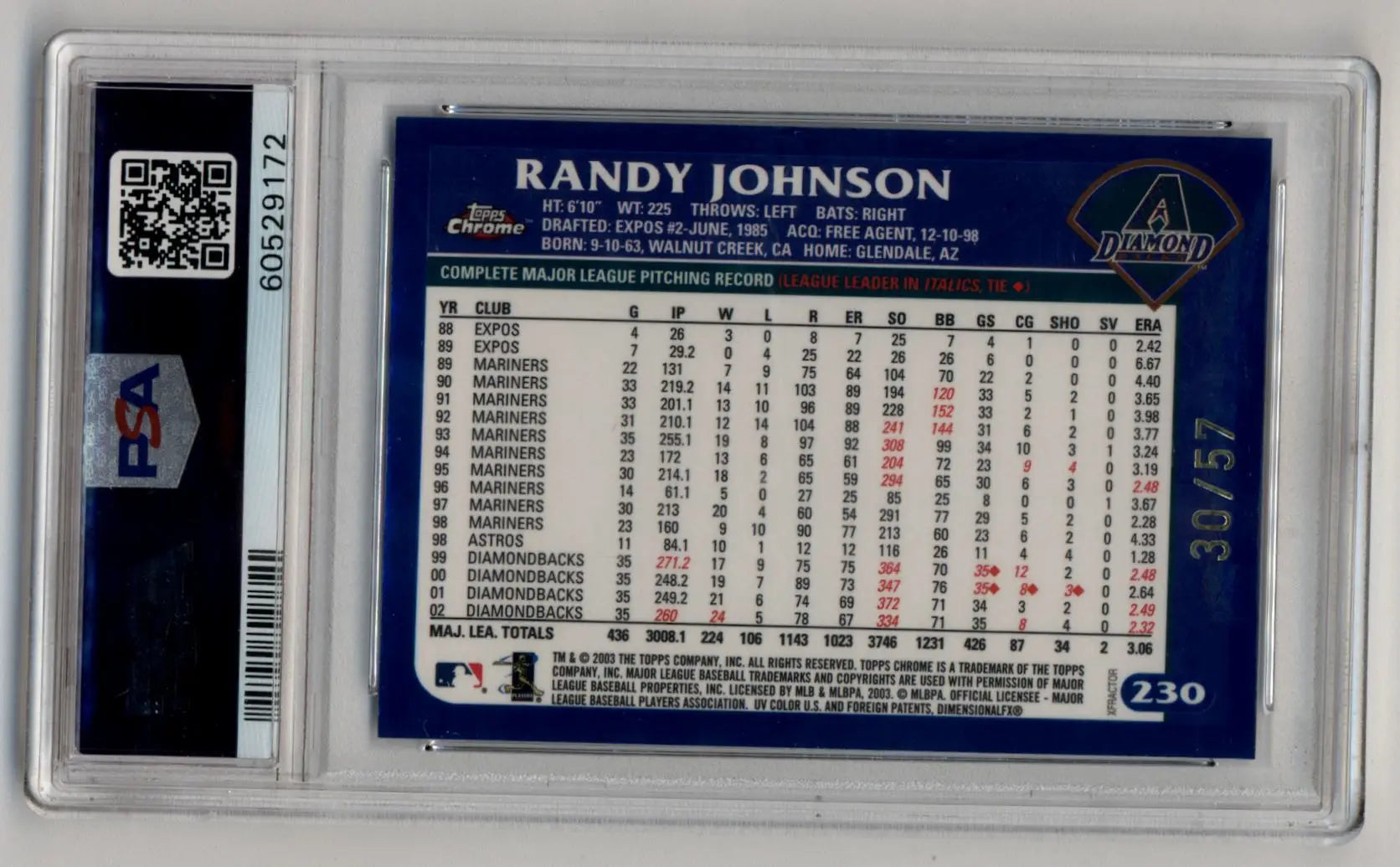 Randy Johnson 2003 Topps Chrome Xfractor card with career stats in protective case