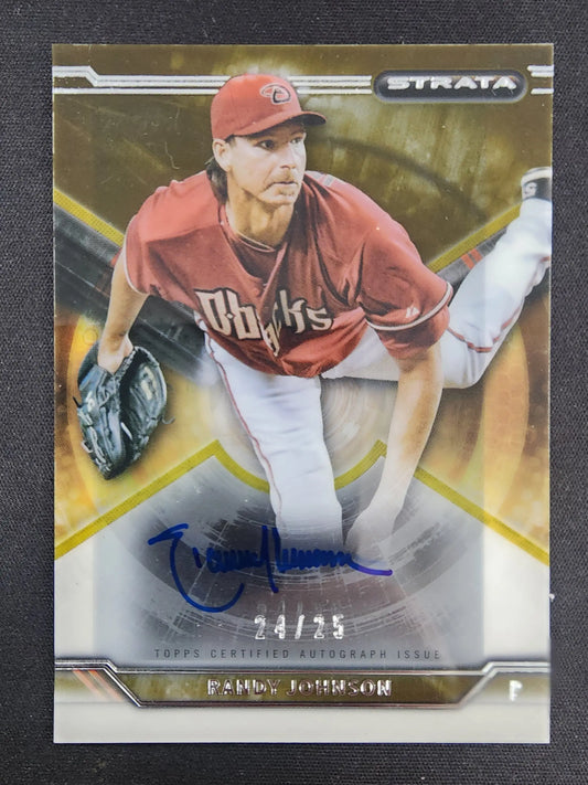 Signed Randy Johnson Strate Baseball Auto card in red Phillies uniform mid-delivery