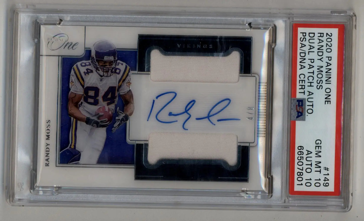 Randy Moss 2020 Panini One Dual Patch Auto 4/8 PSA 10 Gem Mint Auto 10 - Singles