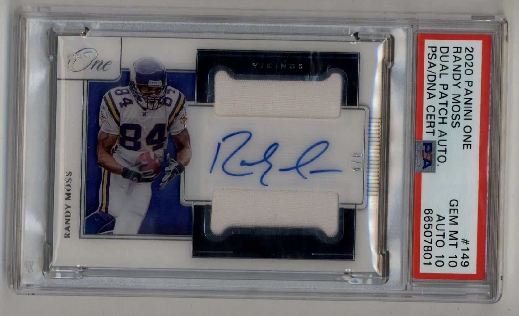 Randy Moss 2020 Panini One Dual Patch Auto 4/8 PSA 10 Gem Mint Auto 10 - Singles
