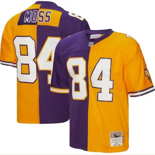 Two purple and gold Randy Moss Minnesota Vikings 84 jerseys for the Moss Minnesota Vikings collection