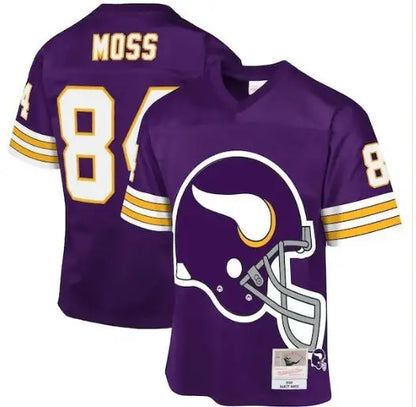 Purple Randy Moss Minnesota Vikings 1998 throwback jersey with Vikings helmet logo