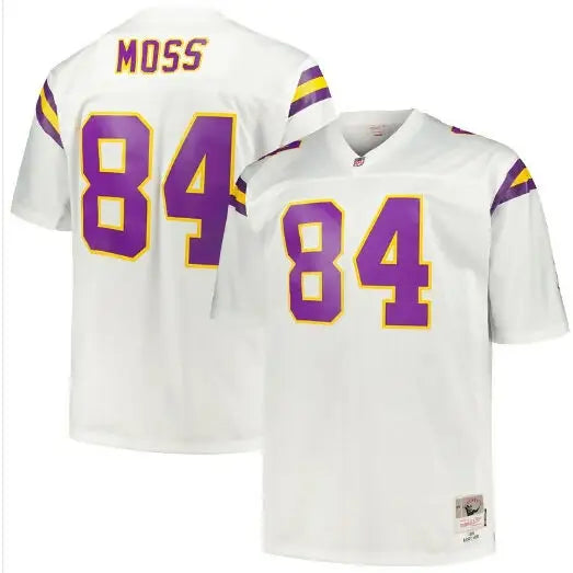 White Randy Moss Minnesota Vikings Big & Tall 1998 Retired Player Jersey with purple and gold accents