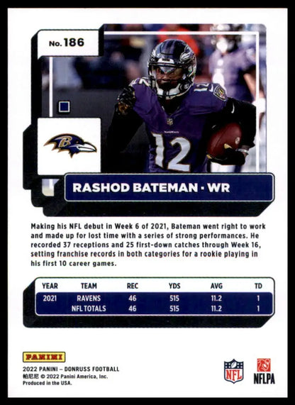 Rashod Bateman football card from 2022 Donruss Baltimore Ravens collection