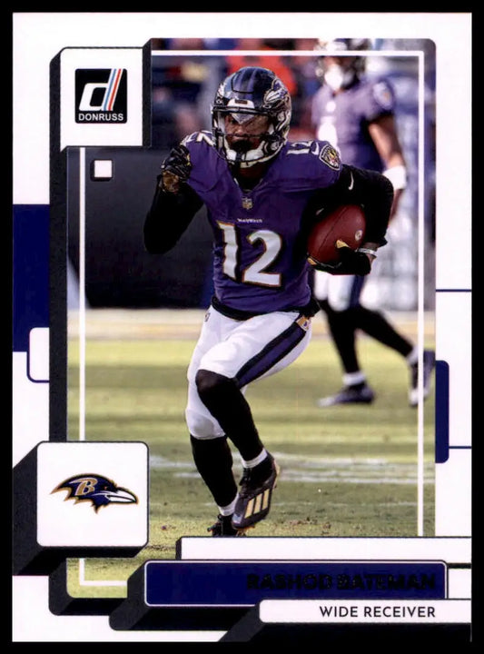 Rashod Bateman Ravens wide receiver card from 2022 Donruss series displayed
