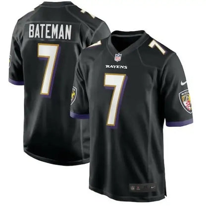 Black Baltimore Ravens Rashod Bateman Nike Game Player Jersey with number 7 and Bateman on back