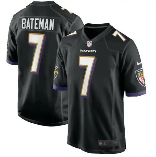 Black Baltimore Ravens Rashod Bateman Nike Game Player Jersey with number 7 and Bateman on back
